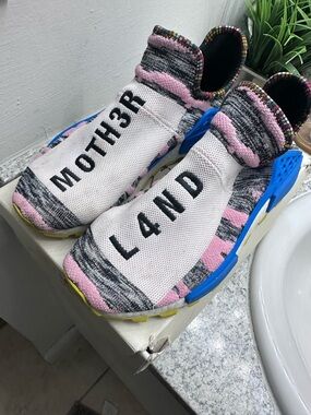 Pharrell x adidas Kids' NMD Hu 'Motherland' Pink/Blue Slip-On Sneakers